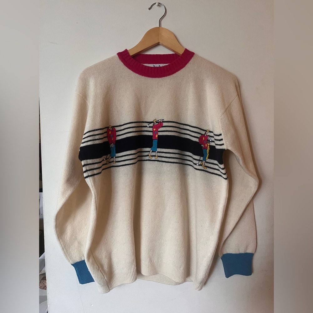 PRINGLE SPORT 100% Wool Vintage 80s Cream Sweater with Golfer Design - S